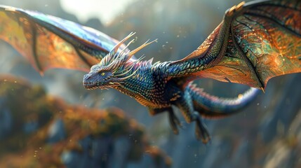 Majestic creature with scales shimmering in various colors, wings spread wide as it soars through the sky , 3DCG,high resulution,clean sharp focus