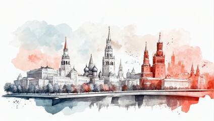 Kremlin and Moscow cityscape double exposure contemporary style minimalist artwork collage illustration.