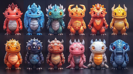 A sheet of game assets done in the style of detailed character illustrations. Cartoon characters for games.  