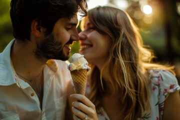 Young couple sharing ice cream while enjoying sunny weather outdoors kissing