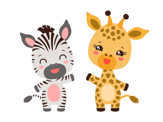 Kawaii giraffe and zebra cute safari animals. Anime chibi cartoon african animal characters. Adorable zebra foal and giraffe calf smiling waving. Baby children vector illustration flat design.
