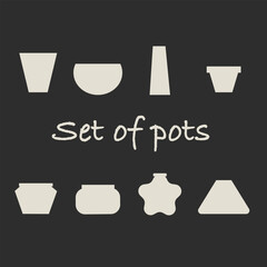 Set of cute flat unusual shaped pots on the black background