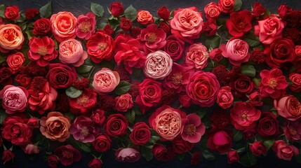 Assorted Roses in Varied Shades of Red and Pink on Dark Background