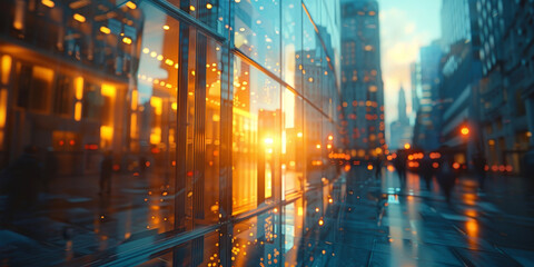 Fototapeta premium modern glass building with a motion blur effect and sunlight reflections on the surface, Blurred glass wall of modern business office building