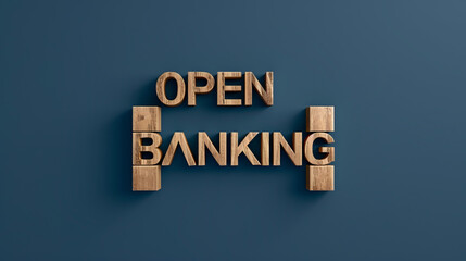 "Open Banking" lettering composed of wood blocks on a dark blue background, in a simple and minimalist style. 