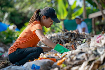 Woman Sorting Plastic Bottles at Waste Dump