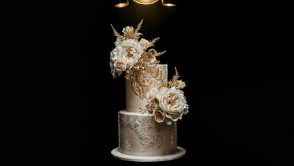 Elegance and Luxury: Wedding Cake Decorated with Intricate Gold Details and White Roses. Isoaldo on Black Background.