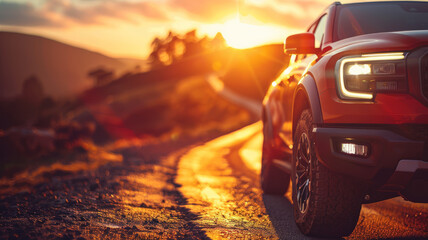 Fototapeta na wymiar A car on a road at sunset