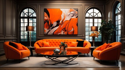 Art Deco interior in classic style with orange sofa 