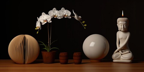 Spa-themed still life with candles and orchids.