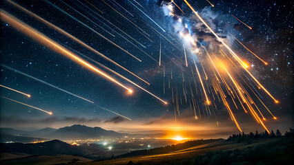 A surreal shot of a meteor shower streaking across the night sky, with bright trails of light cutting through the darkness like celestial fireworks