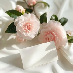 A close-up image of a blank note card with pink camellia flowers. - obrazy, fototapety, plakaty