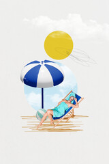 Vertical picture photo young lying woman beach sunbath parasol face mask skincare healthcare...