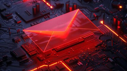 Spam. A glowing red envelope in the digital space.  - obrazy, fototapety, plakaty