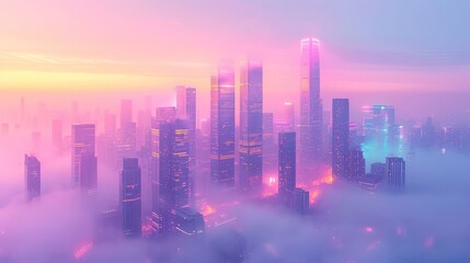 Synthwave cityscape at dawn, with skyscrapers bathed in pastel colors, blending the tranquility of early morning