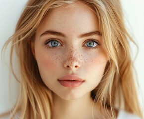 Naklejka premium Close up portrait of a woman with freckles