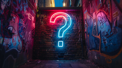 Neon question mark in a graffiti-filled alley.