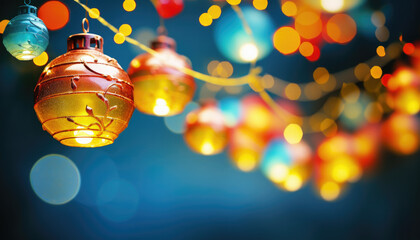 Festive Holiday Lights: Colorful Christmas Ornaments Hanging with Bokeh Background