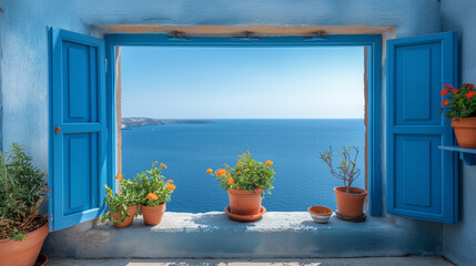 Offenes Fenster oder Tür mit Meerblick, Santorin, Greece