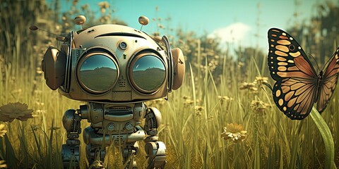 Cute little robot in the field on a beautiful day, surprised by a butterfly