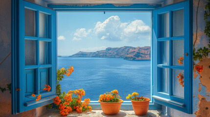 Offenes Fenster oder Tür mit Meerblick, Santorin, Greece