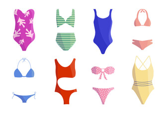 Swimsuit collection. Bikini set. Summer clothes, beach style, pool wear. Female fashion.