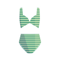 Green striped bikini swimsuit. Summer clothes, beach style, pool wear. Female fashion. High waist.