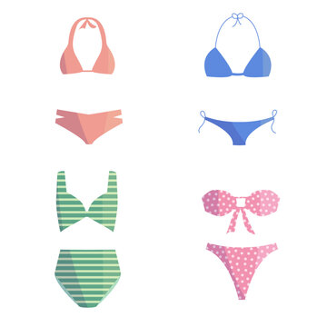 Swimsuit collection. Bikini set. Summer clothes, beach style, pool wear. Female fashion. Pink, blue, green bikini.