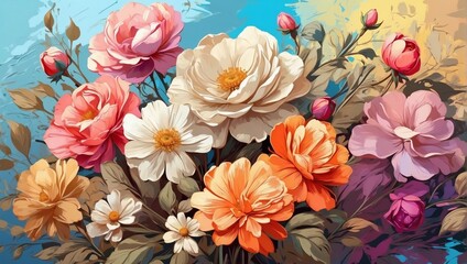 Flowers on a colorful background. Impressionism style artwork.