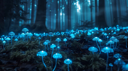 Bioluminescent fungi in a forest at night, science and technology, copy space - Powered by Adobe