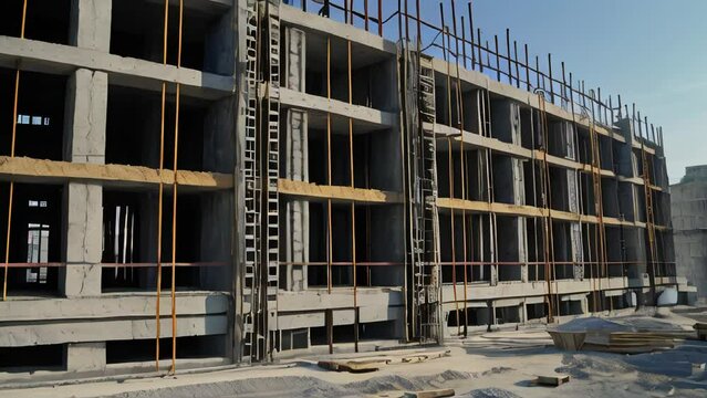 The process of construction and repair of a new modern cement concrete stone pannel monolithic frame-block building of a house with iron reinforcement at an industrial construction site