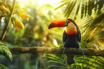 Toucan bird sitting on branch in tropical rainforest. Colorful exotic nature background.