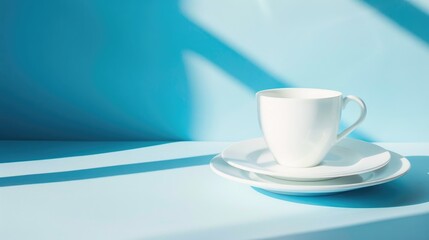 White cup and plates on a blue backdrop