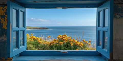 Offenes Fenster oder Tür mit Meerblick, St. John’s Head, Orkneys, Scotland