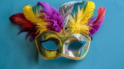 Glittering Carnival Mask with Vibrant Feathers and Sequins Festive Mardi Gras Accessory - obrazy, fototapety, plakaty