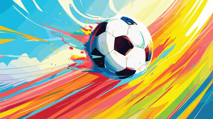 Stylized soccer ball soaring over field towards goal.