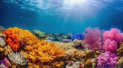 Naklejka na ściany i meble underwater coral reef teeming with vibrant marine life, showcasing the breathtaking biodiversity of the ocean depths