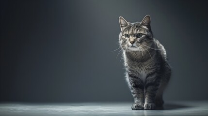 Thoughtful Gray Tabby Cat Gazing Intently in Moody Studio Backdrop