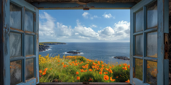 Fototapeta Offenes Fenster oder Tür mit Meerblick, St. John’s Head, Orkneys, Scotland