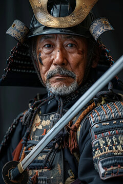 Japanese man in a samurai holding a Katana sword