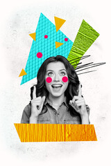 Vertical photo collage of happy excited cute girl point up confetti index finger wear casual clothes isolated on painted background
