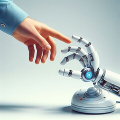Handshake of man and robot. Modern technologies. Art collage