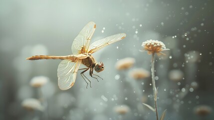 Delicate Dragonfly Resting on a Flower Petal Surrounded by Dewdrops and Soft Light