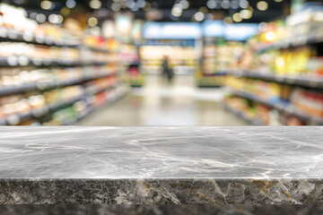 Obraz premium Blank marble tabletop with blurred supermarket background, product display concept illustration