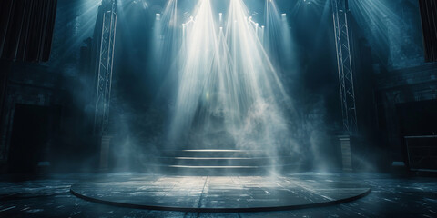 Empty concert stage with illuminated spotlights and smoke. Stage background , white spotlight and smoke, empty black stage with  white spotlights - obrazy, fototapety, plakaty