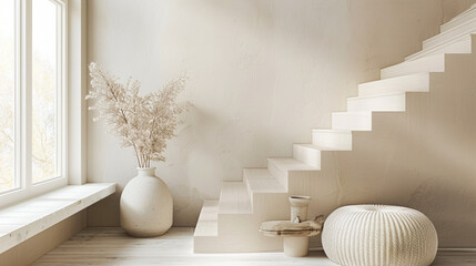 Neutral-toned beige stairs in a Scandinavian-inspired lounge setting with a window.