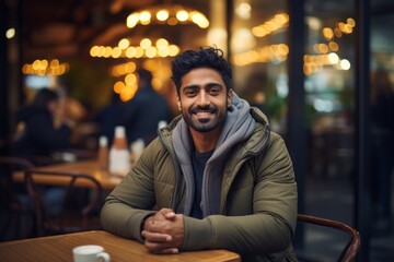 Portrait of a content indian man in his 30s dressed in a comfy fleece pullover isolated on bustling city cafe - obrazy, fototapety, plakaty