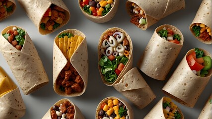 Delicious Mexican burrito rolls with a variety of fillings wrapped in a cylindrical tortilla, isolated on a white or translucent background