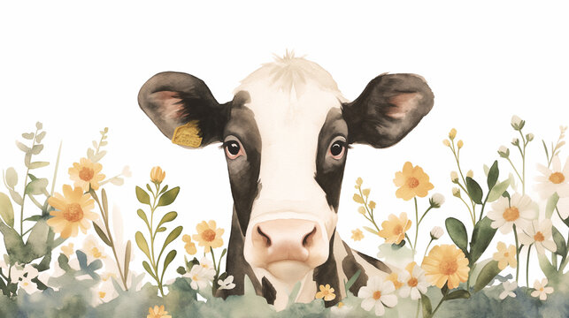 Vaca e flores no fundo branco - Ilustração
