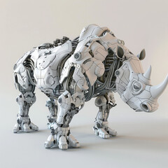 A robotic rhinoceros, sturdy and formidable, crafted from advanced machinery, moves with powerful strides, its sensors replicating rhino behaviors convincingly 3D (Generative Ai)